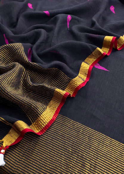Black Pure Linen Suit Fabric With Gold Zari Needle Jamdani Weaving Handmade On Loom