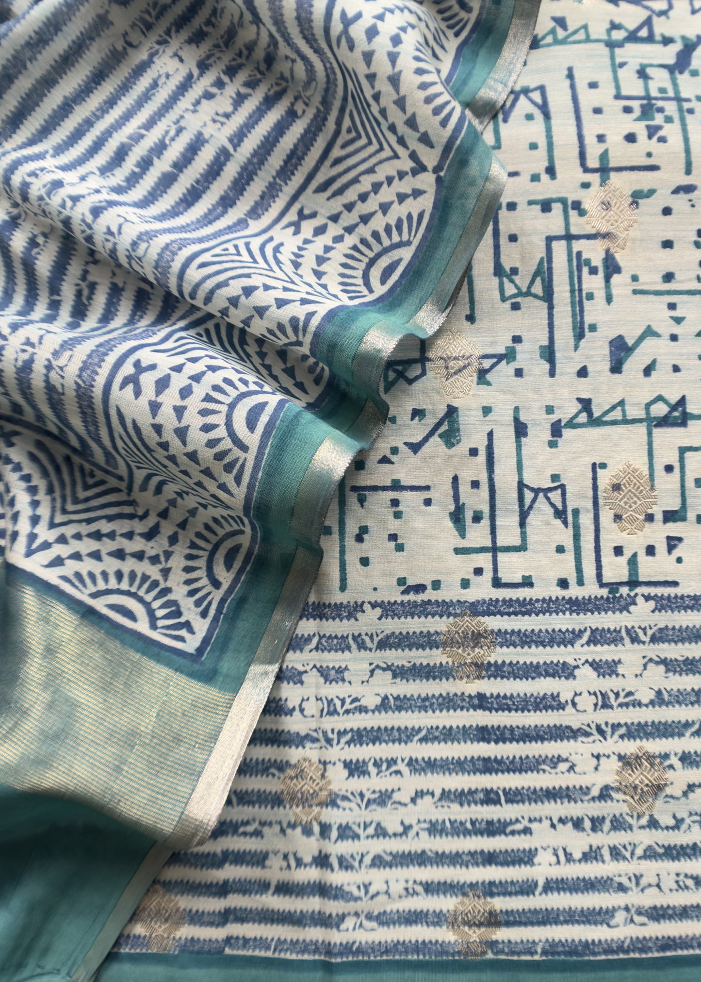 Blue Grey Handblock Maheshwari Silk With Zari Weaving