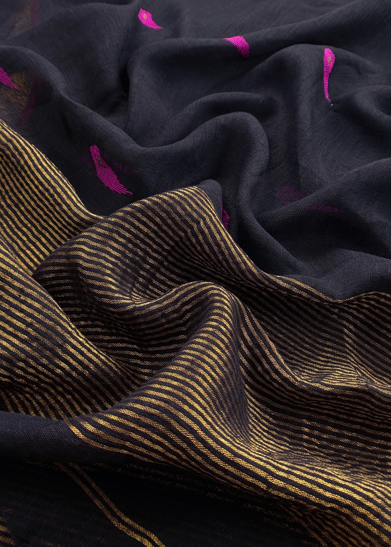 Black Pure Linen Suit Fabric With Gold Zari Needle Jamdani Weaving Handmade On Loom