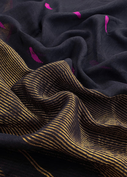 Black Pure Linen Suit Fabric With Gold Zari Needle Jamdani Weaving Handmade On Loom