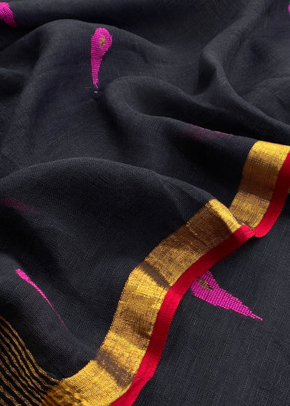 Black Pure Linen Suit Fabric With Gold Zari Needle Jamdani Weaving Handmade On Loom