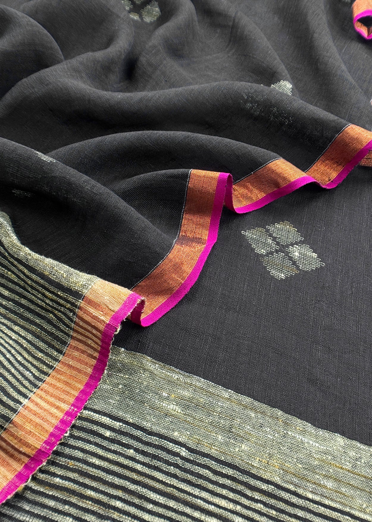 Black Pure Linen Suit Fabric With Needle Jamdani Weaving Handmade On Loom