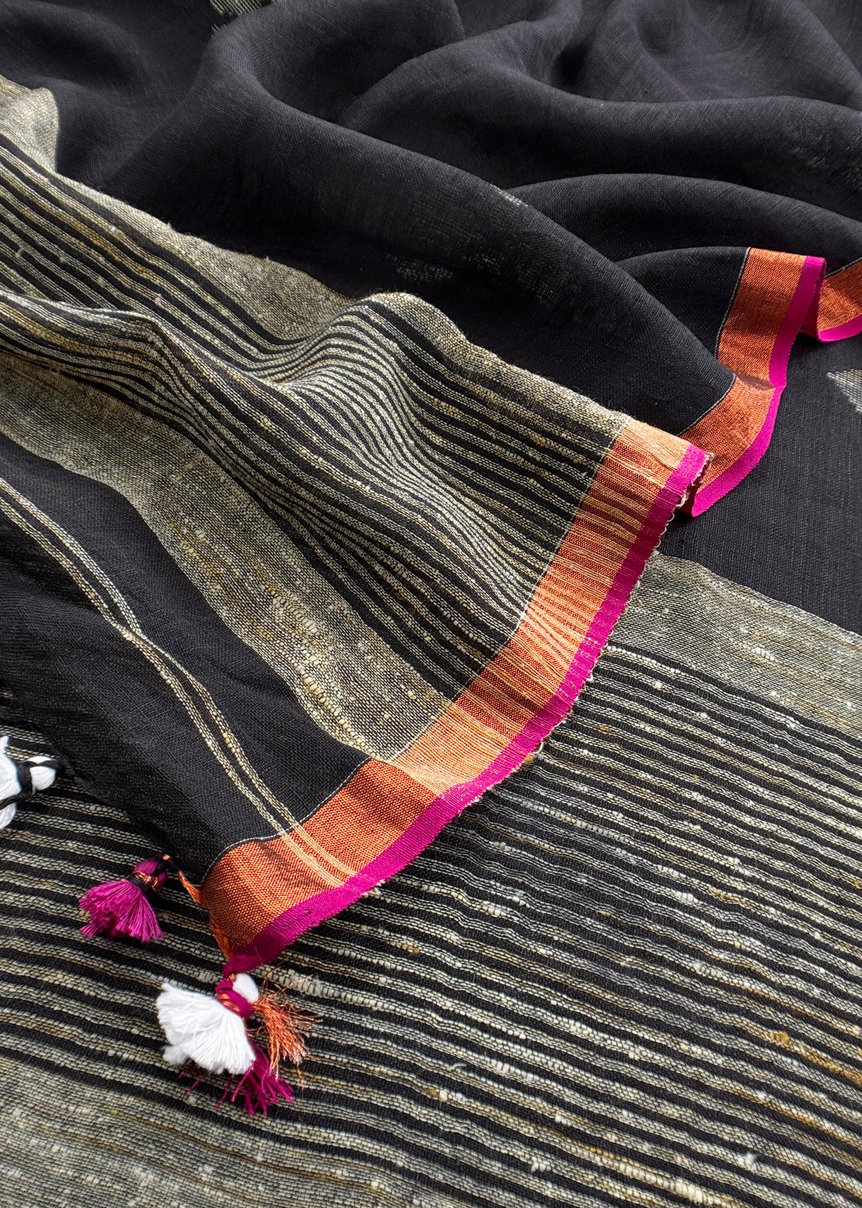 Black Pure Linen Suit Fabric With Needle Jamdani Weaving Handmade On Loom