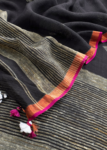 Black Pure Linen Suit Fabric With Needle Jamdani Weaving Handmade On Loom