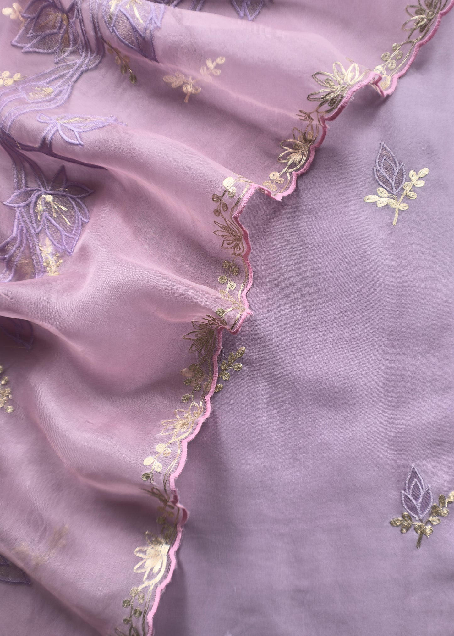 Lavender Handloom Organza Unstitched Suit With Pitta And Lotus Appliqué work