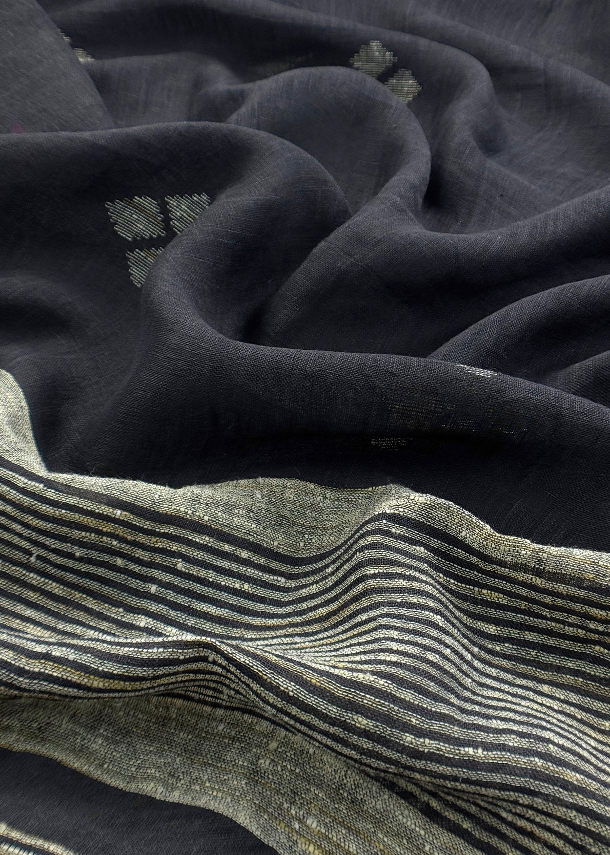 Black Pure Linen Suit Fabric With Needle Jamdani Weaving Handmade On Loom