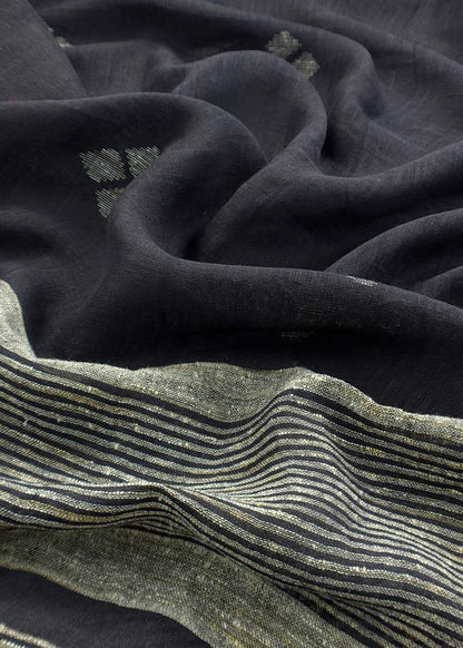 Black Pure Linen Suit Fabric With Needle Jamdani Weaving Handmade On Loom