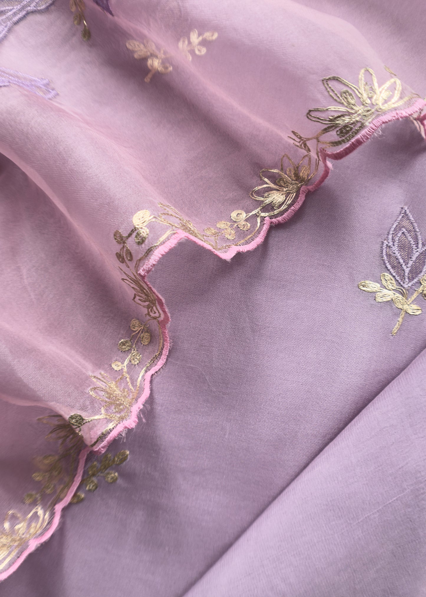 Lavender Handloom Organza Unstitched Suit With Pitta And Lotus Appliqué work