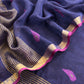 Navy Blue Pure Linen Suit Fabric With Gold Zari Swan Needle Jamdani Weaving Handmade On Loom