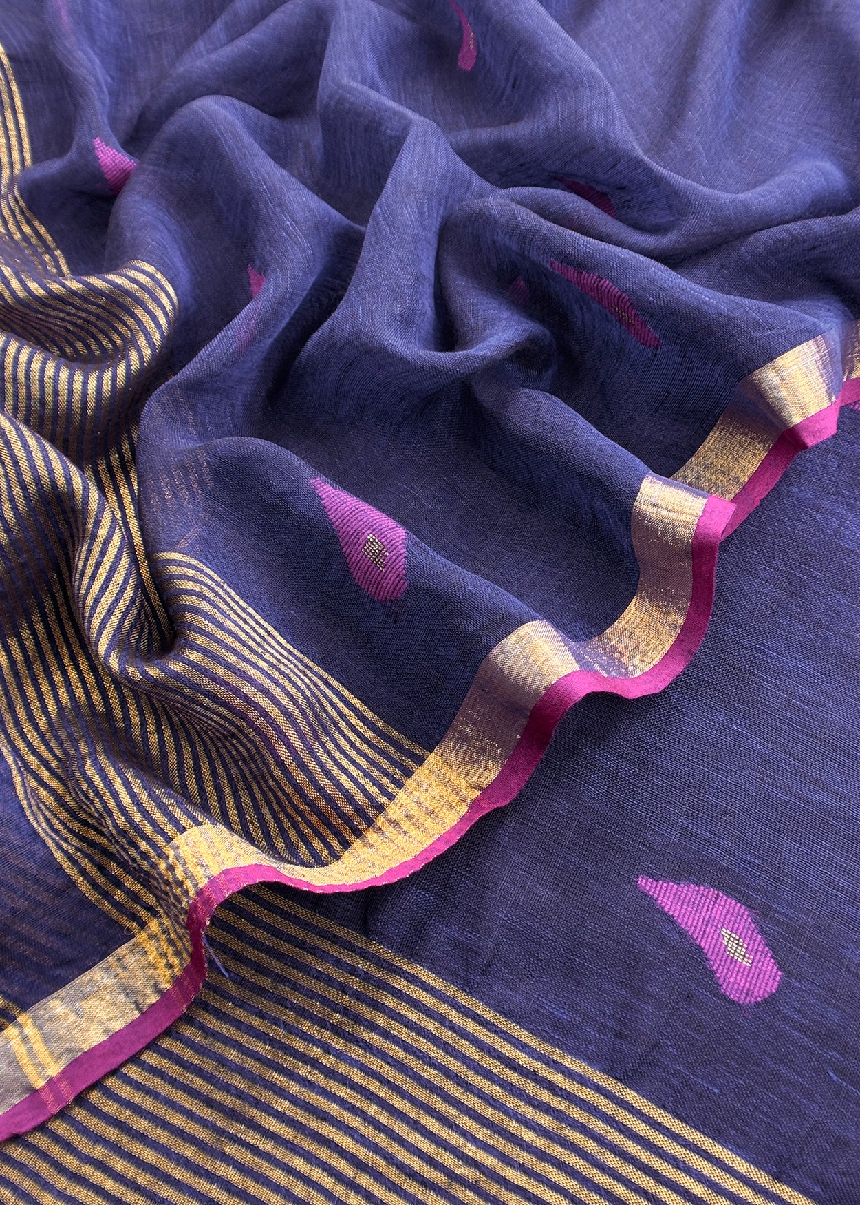 Navy Blue Pure Linen Suit Fabric With Gold Zari Swan Needle Jamdani Weaving Handmade On Loom