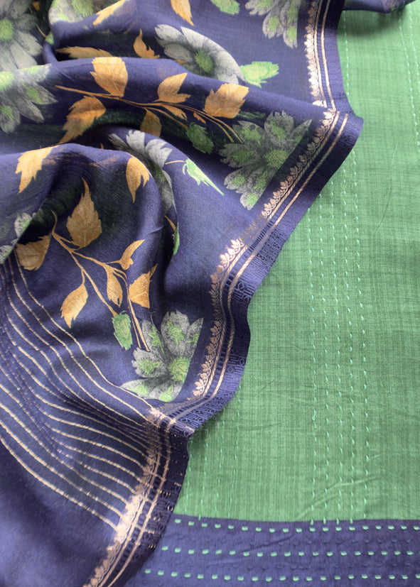 Green Blue Munga Tussar Suit Fabric With Floral Dupatta And Kantha Stitch Hand Embroidery