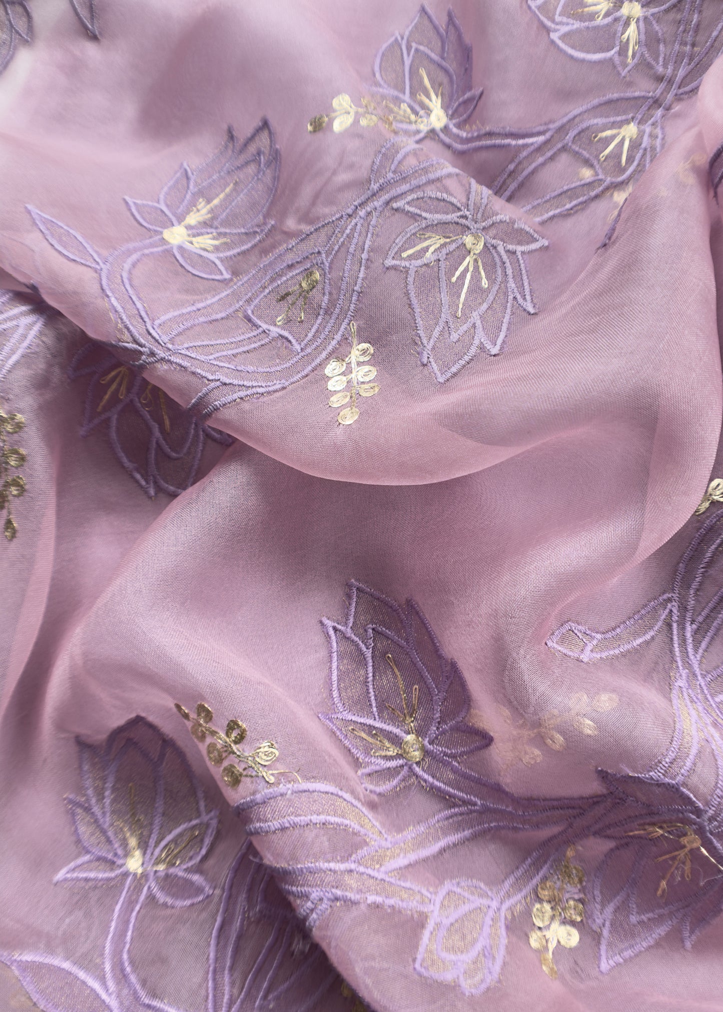 Lavender Handloom Organza Unstitched Suit With Pitta And Lotus Appliqué work