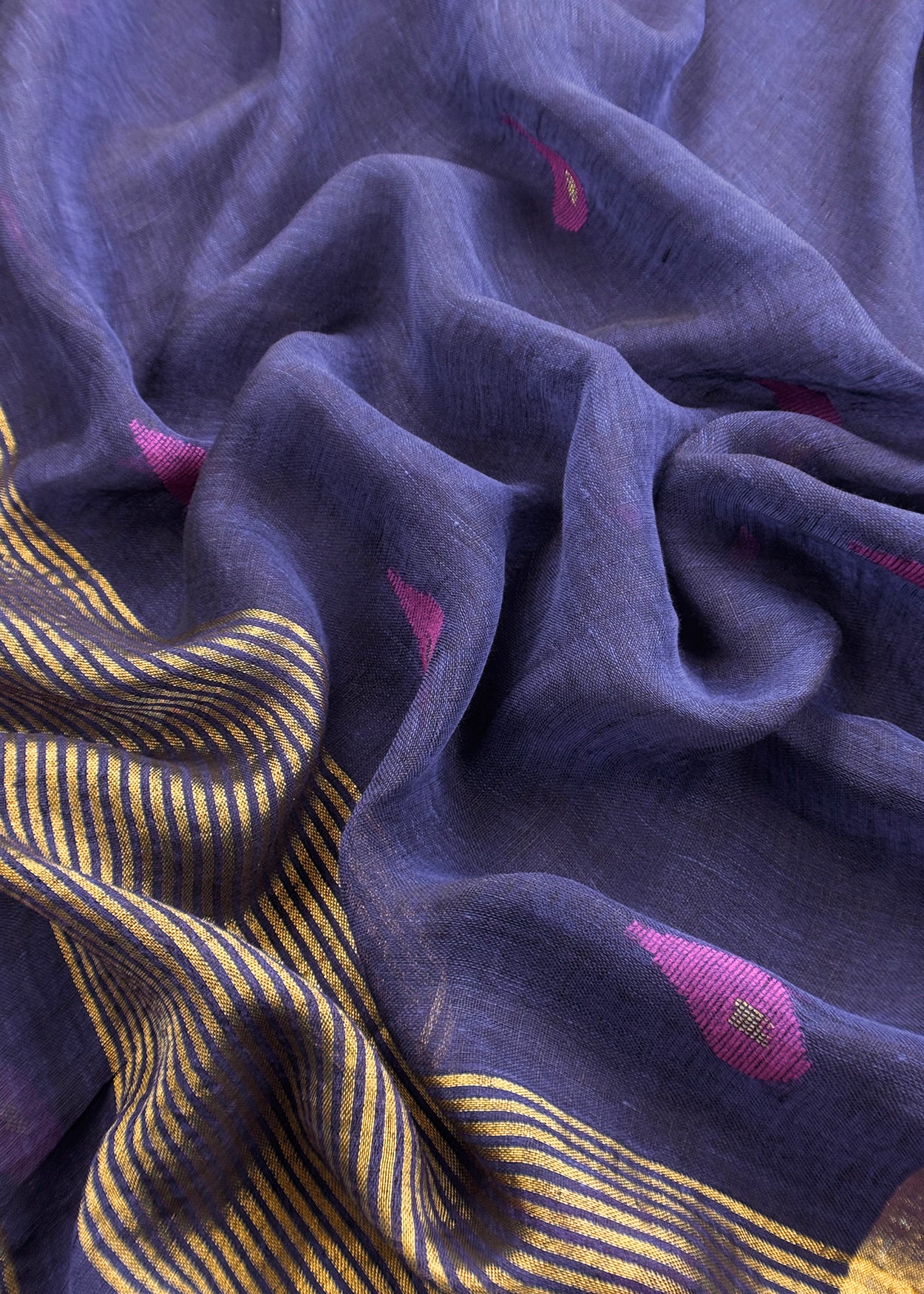 Navy Blue Pure Linen Suit Fabric With Gold Zari Swan Needle Jamdani Weaving Handmade On Loom