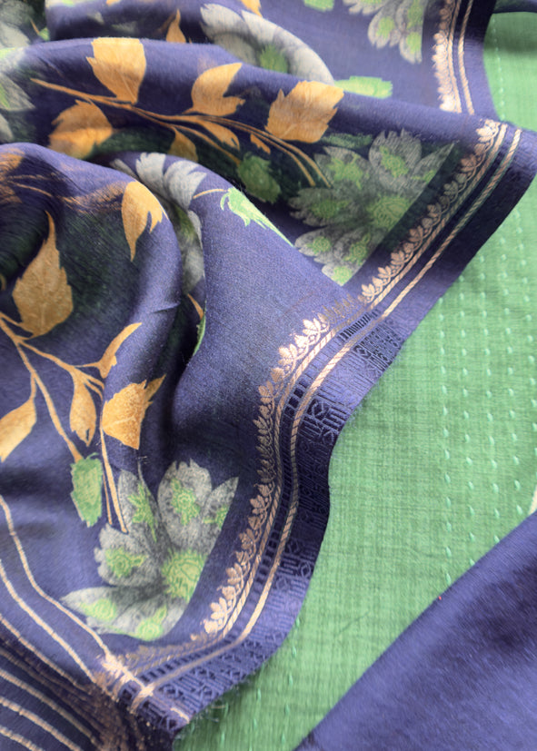 Green Blue Munga Tussar Suit Fabric With Floral Dupatta And Kantha Stitch Hand Embroidery