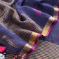 Navy Blue Pure Linen Suit Fabric With Gold Zari Swan Needle Jamdani Weaving Handmade On Loom