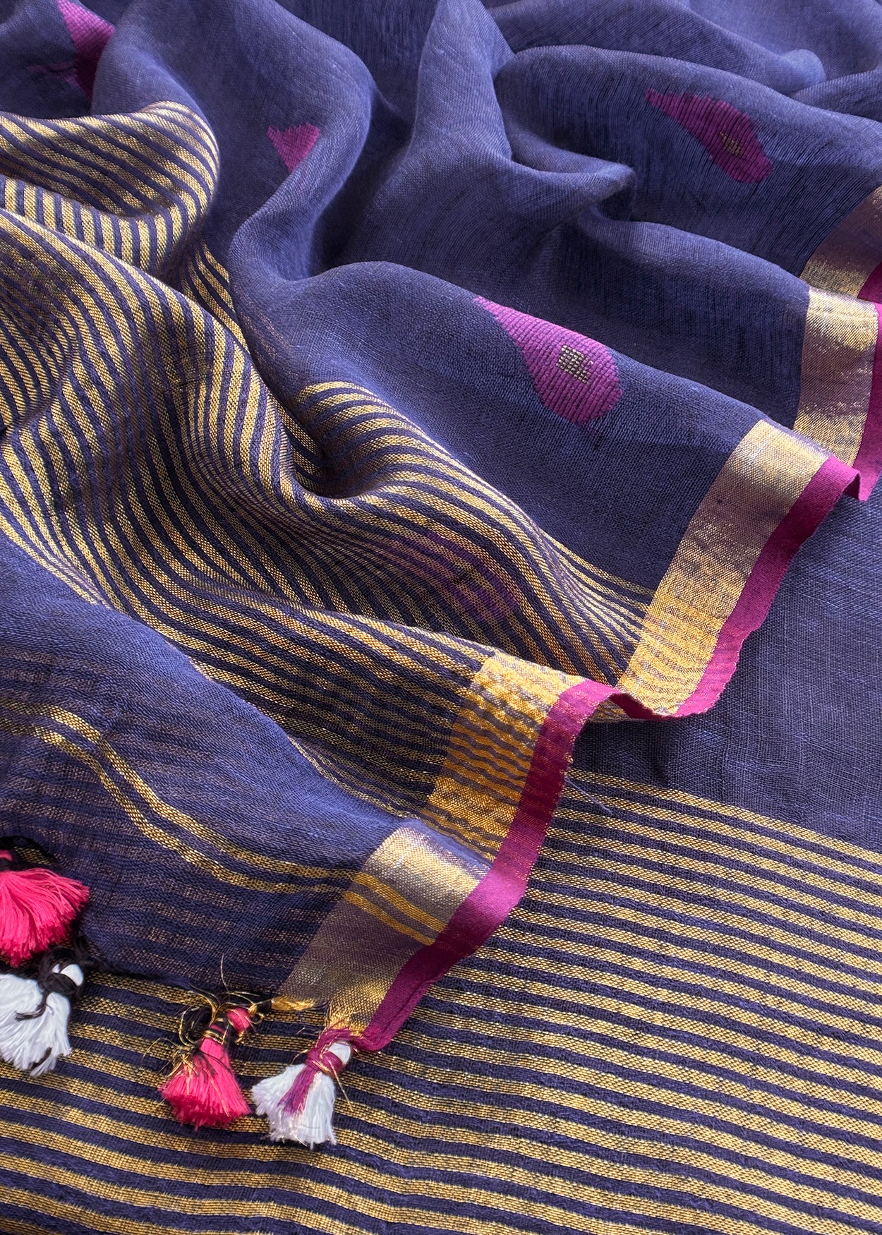 Navy Blue Pure Linen Suit Fabric With Gold Zari Swan Needle Jamdani Weaving Handmade On Loom