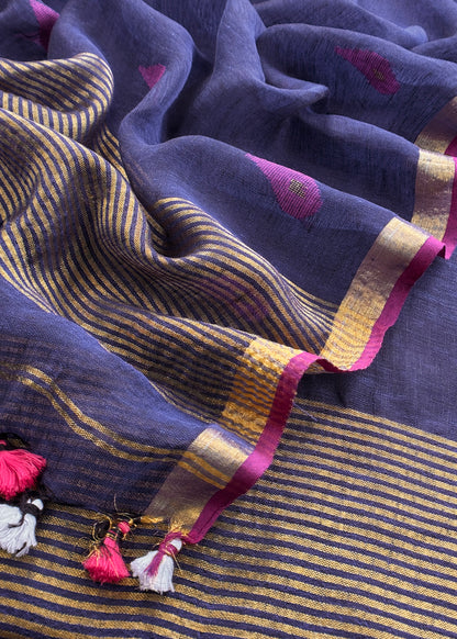 Navy Blue Pure Linen Suit Fabric With Gold Zari Swan Needle Jamdani Weaving Handmade On Loom