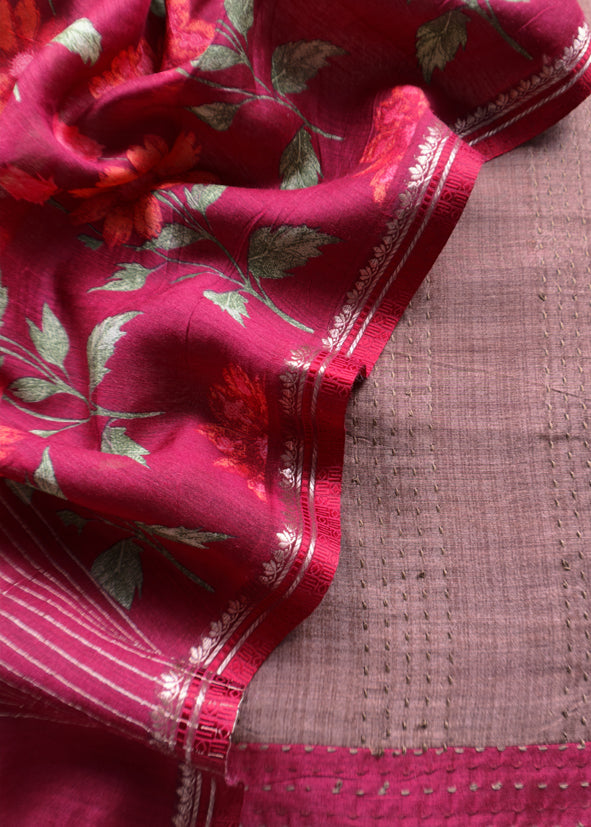 Purple Taupe Munga Tussar Suit Fabric With Floral Dupatta And Kantha Stitch Hand Embroidery