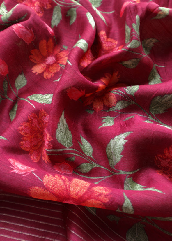 Purple Taupe Munga Tussar Suit Fabric With Floral Dupatta And Kantha Stitch Hand Embroidery