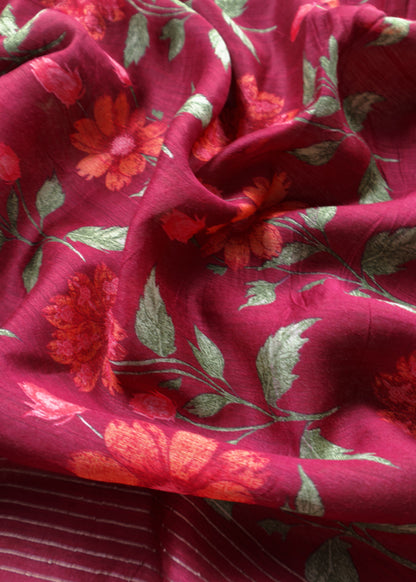 Purple Taupe Munga Tussar Suit Fabric With Floral Dupatta And Kantha Stitch Hand Embroidery