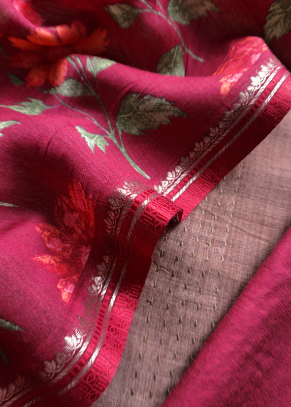 Purple Taupe Munga Tussar Suit Fabric With Floral Dupatta And Kantha Stitch Hand Embroidery