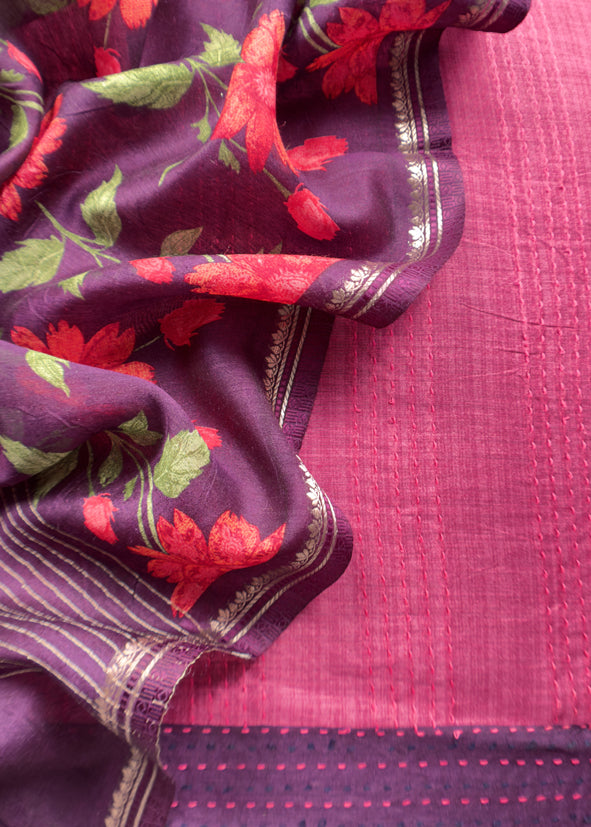 Wine Munga Tussar Suit Fabric With Floral Dupatta And Kantha Stitch Hand Embroidery