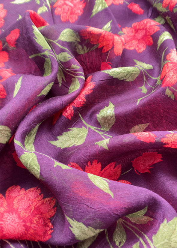 Wine Munga Tussar Suit Fabric With Floral Dupatta And Kantha Stitch Hand Embroidery