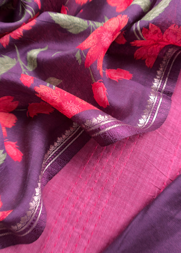 Wine Munga Tussar Suit Fabric With Floral Dupatta And Kantha Stitch Hand Embroidery