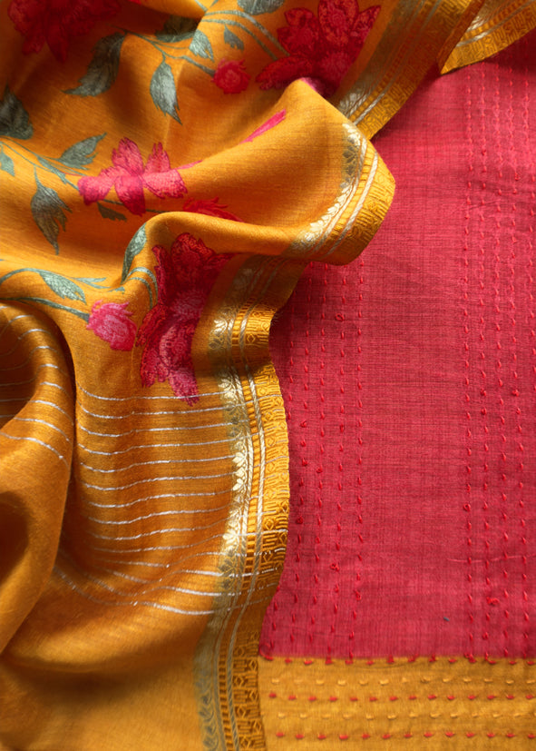 Tomato Red Mustard Munga Tussar Suit Fabric With Floral Dupatta And Kantha Stitch Hand Embroidery
