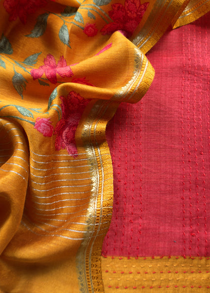 Tomato Red Mustard Munga Tussar Suit Fabric With Floral Dupatta And Kantha Stitch Hand Embroidery