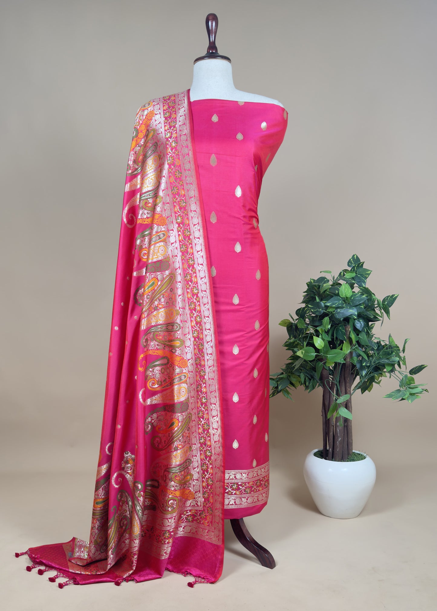 Pink Handloom Paithani Weave Suit In Katan Silk