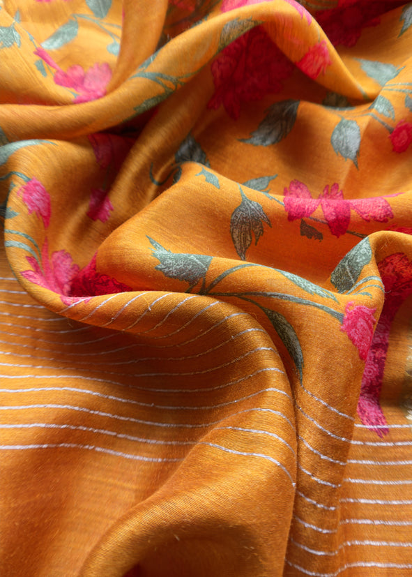 Tomato Red Mustard Munga Tussar Suit Fabric With Floral Dupatta And Kantha Stitch Hand Embroidery