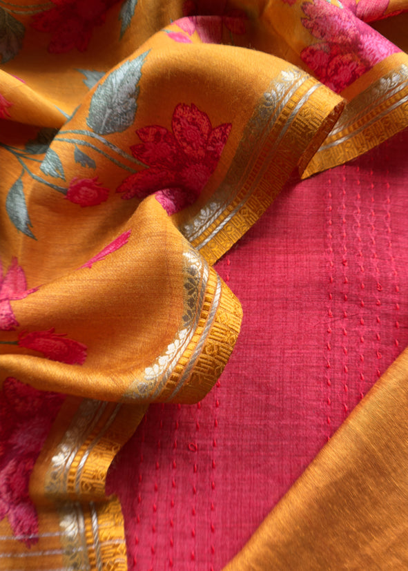 Tomato Red Mustard Munga Tussar Suit Fabric With Floral Dupatta And Kantha Stitch Hand Embroidery