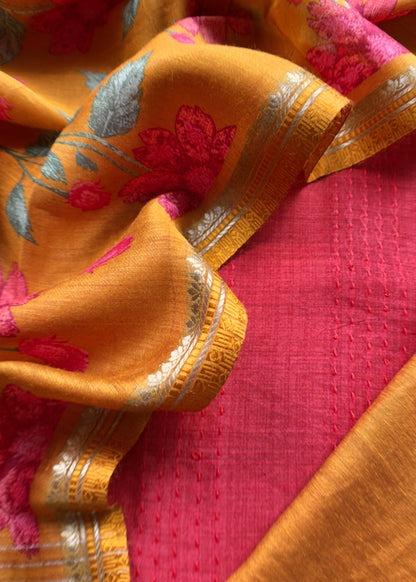 Tomato Red Mustard Munga Tussar Suit Fabric With Floral Dupatta And Kantha Stitch Hand Embroidery