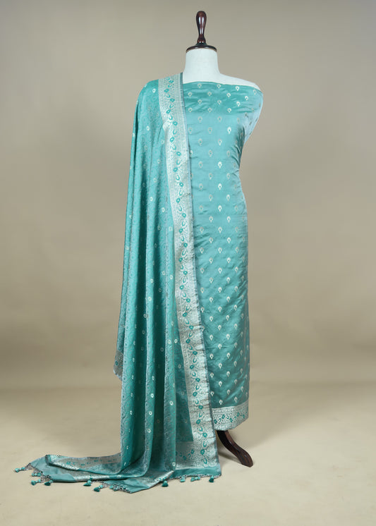 Steel blue Handwoven Mashru Satin Silk Unstitched Dupatta-suit with Tanchoi Weaving