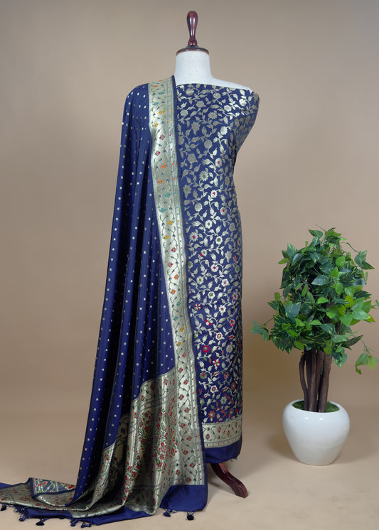 Blue Handloom  Phool-Patti Weaving Suit In Katan Silk