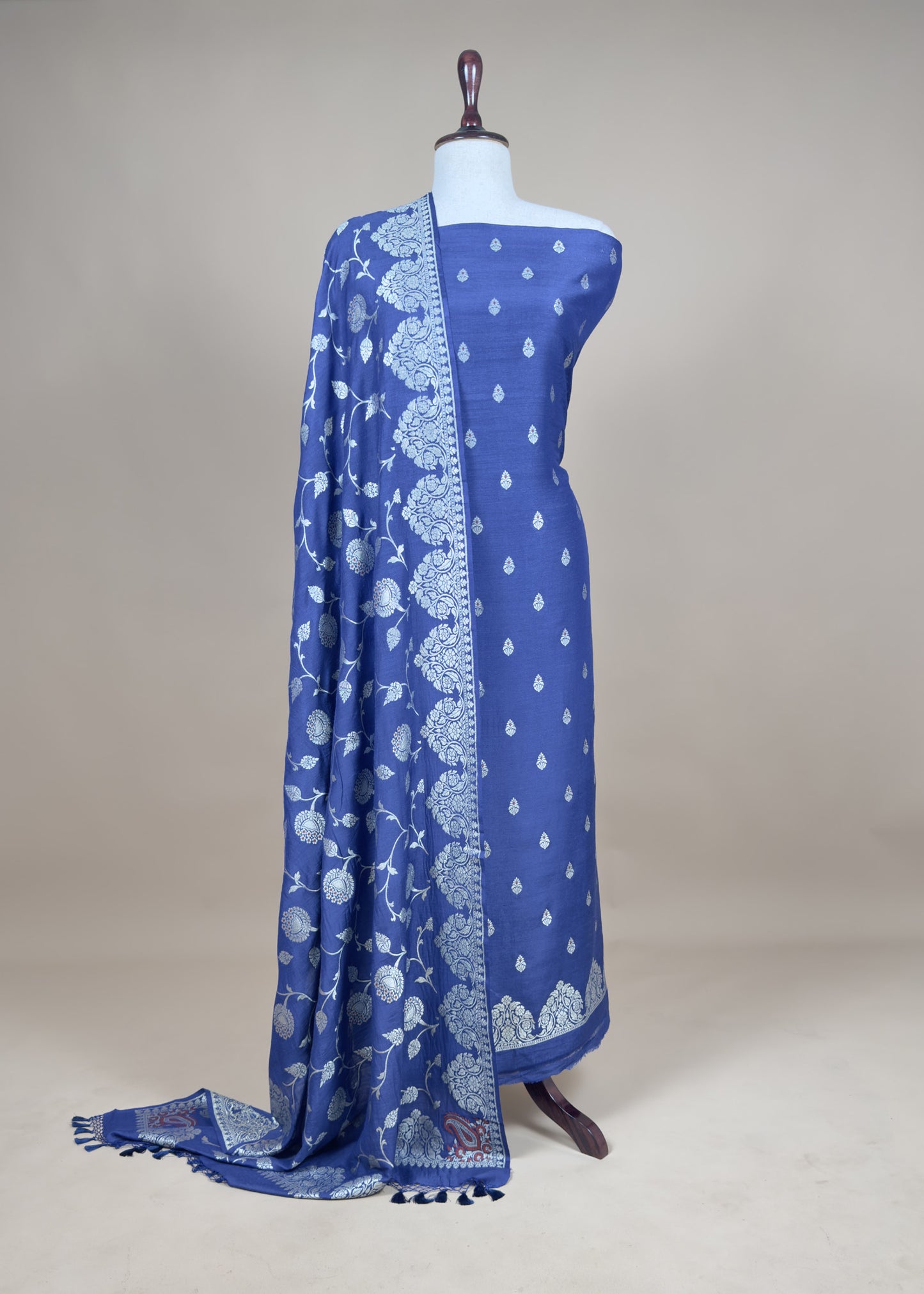 Blue Handloom Kadhwa weaves Suit In Munga Silk