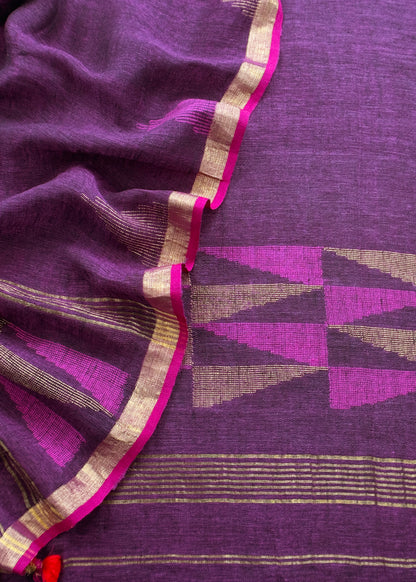 Purple Pure Linen Suit Fabric With Gold Zari Needle Jamdani Weaving Handmade On Loom