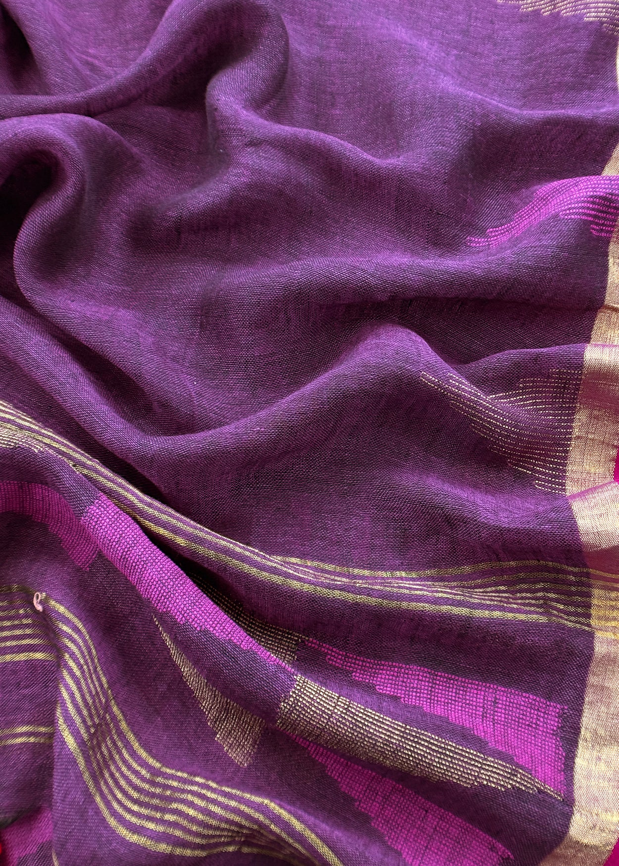 Purple Pure Linen Suit Fabric With Gold Zari Needle Jamdani Weaving Handmade On Loom