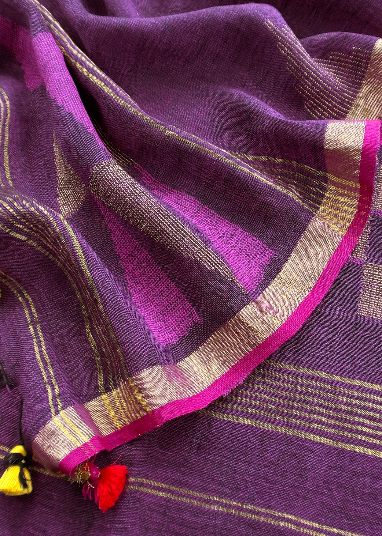 Purple Pure Linen Suit Fabric With Gold Zari Needle Jamdani Weaving Handmade On Loom