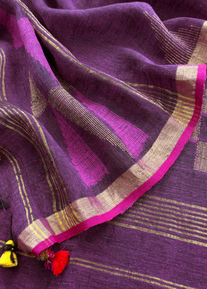 Purple Pure Linen Suit Fabric With Gold Zari Needle Jamdani Weaving Handmade On Loom