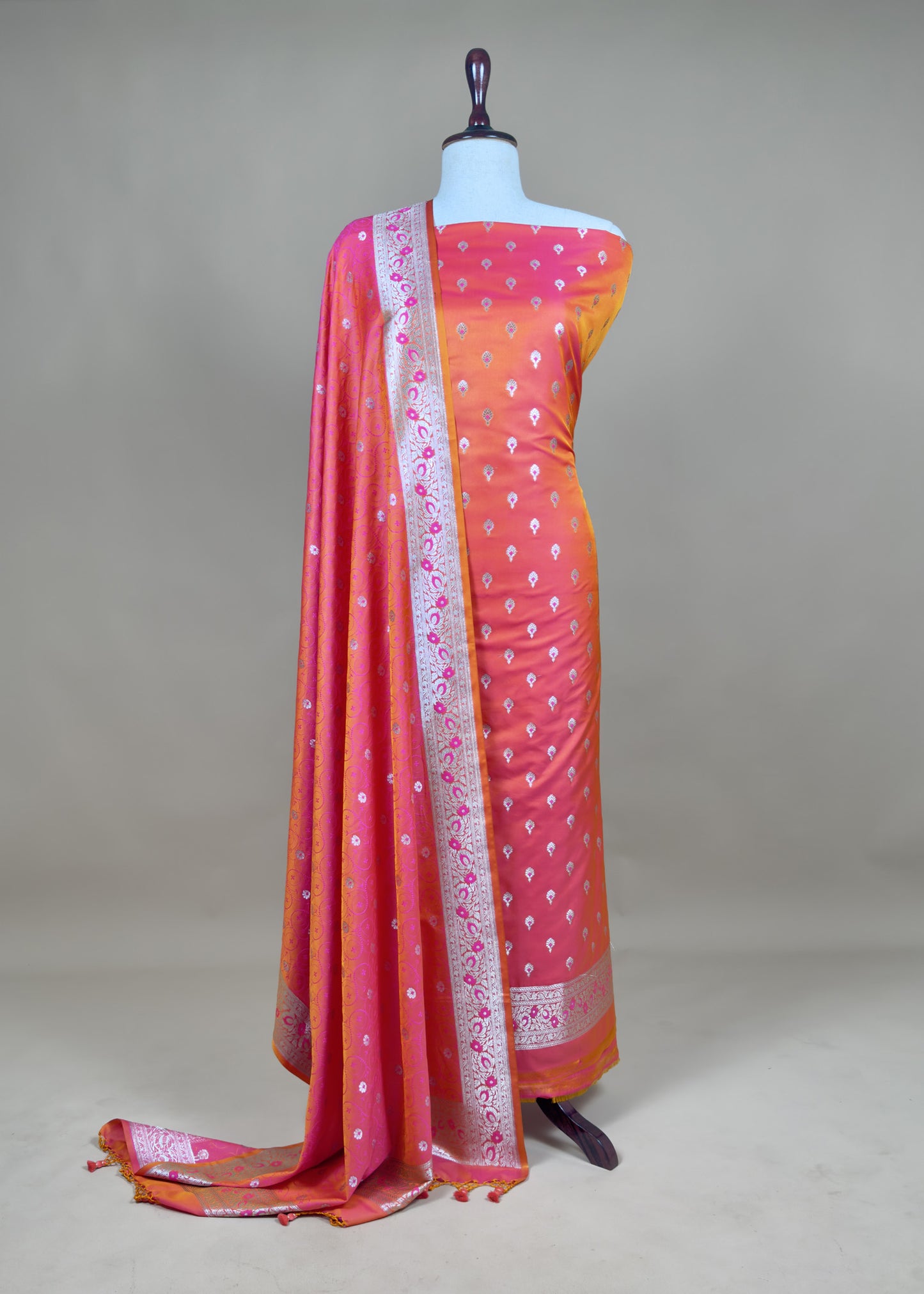 Raspberry Red Handwoven Mashru Satin Silk Unstitched Dupatta-suit with Tanchoi Weaving