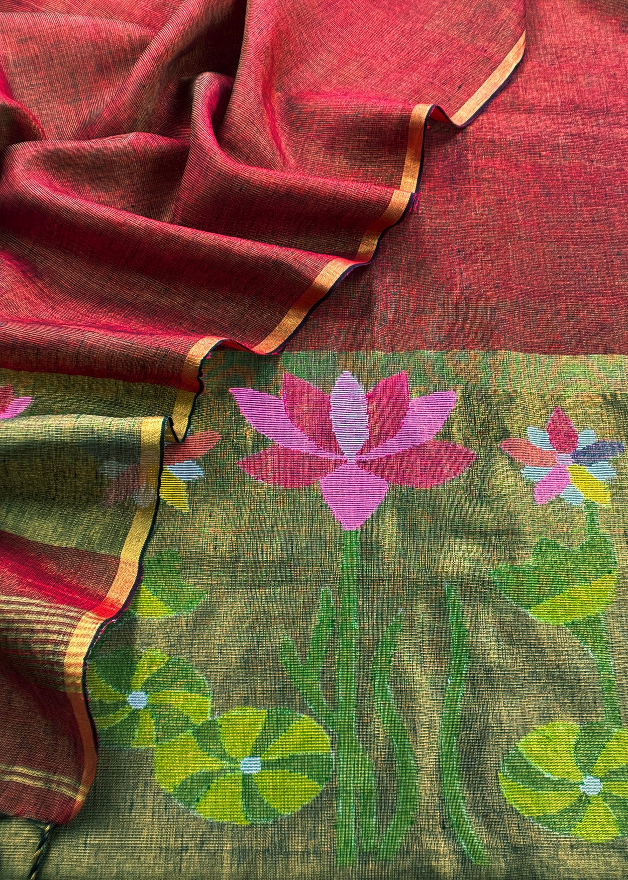 Maroon Pure Linen Suit Fabric With Gold Zari lotus Needle Jamdani Weaving Handmade On Loom