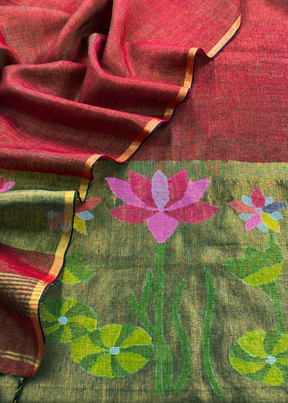 Maroon Pure Linen Suit Fabric With Gold Zari lotus Needle Jamdani Weaving Handmade On Loom