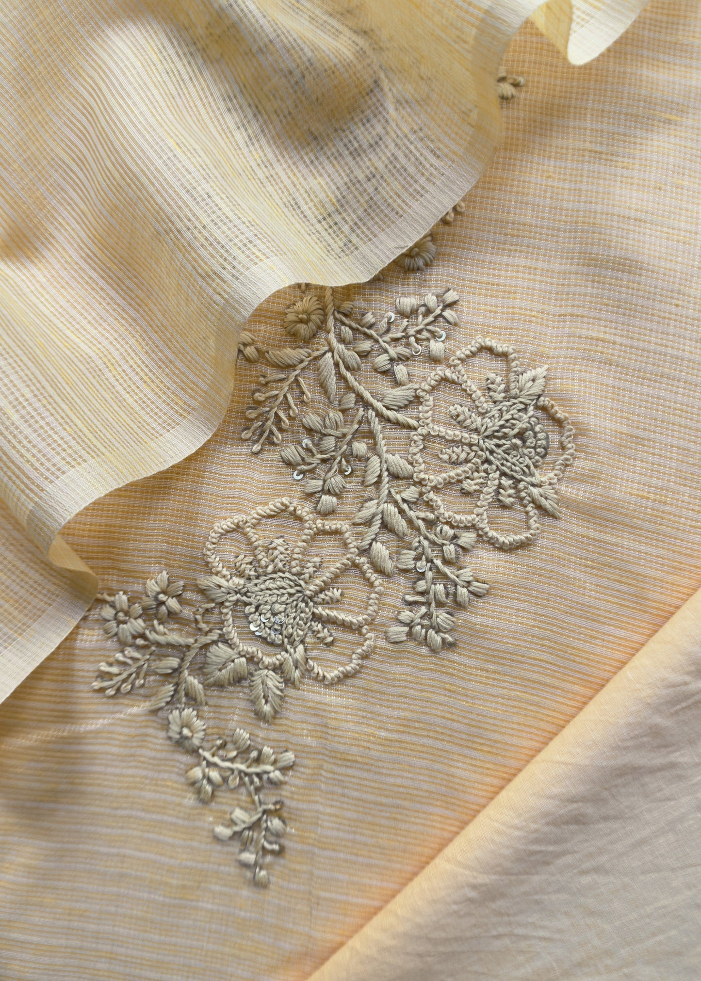 Butter Yellow French Knot Hand Embroidered Kota Doria Summer Suit Set