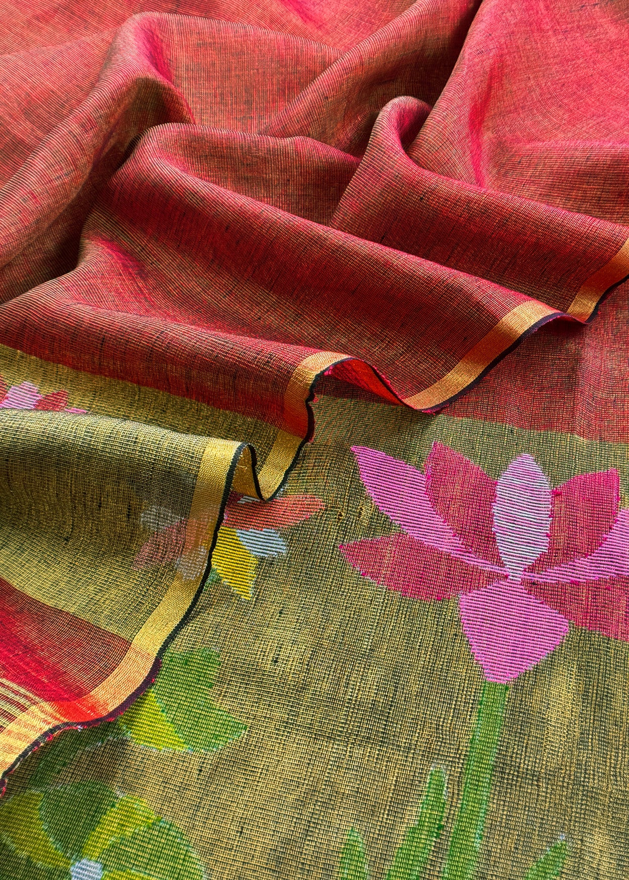 Maroon Pure Linen Suit Fabric With Gold Zari lotus Needle Jamdani Weaving Handmade On Loom