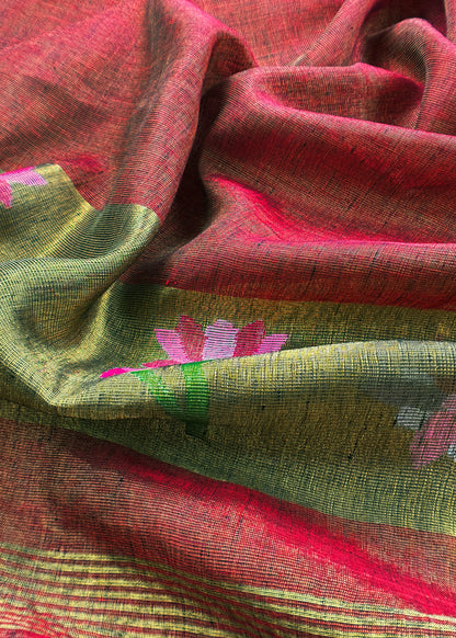 Maroon Pure Linen Suit Fabric With Gold Zari lotus Needle Jamdani Weaving Handmade On Loom
