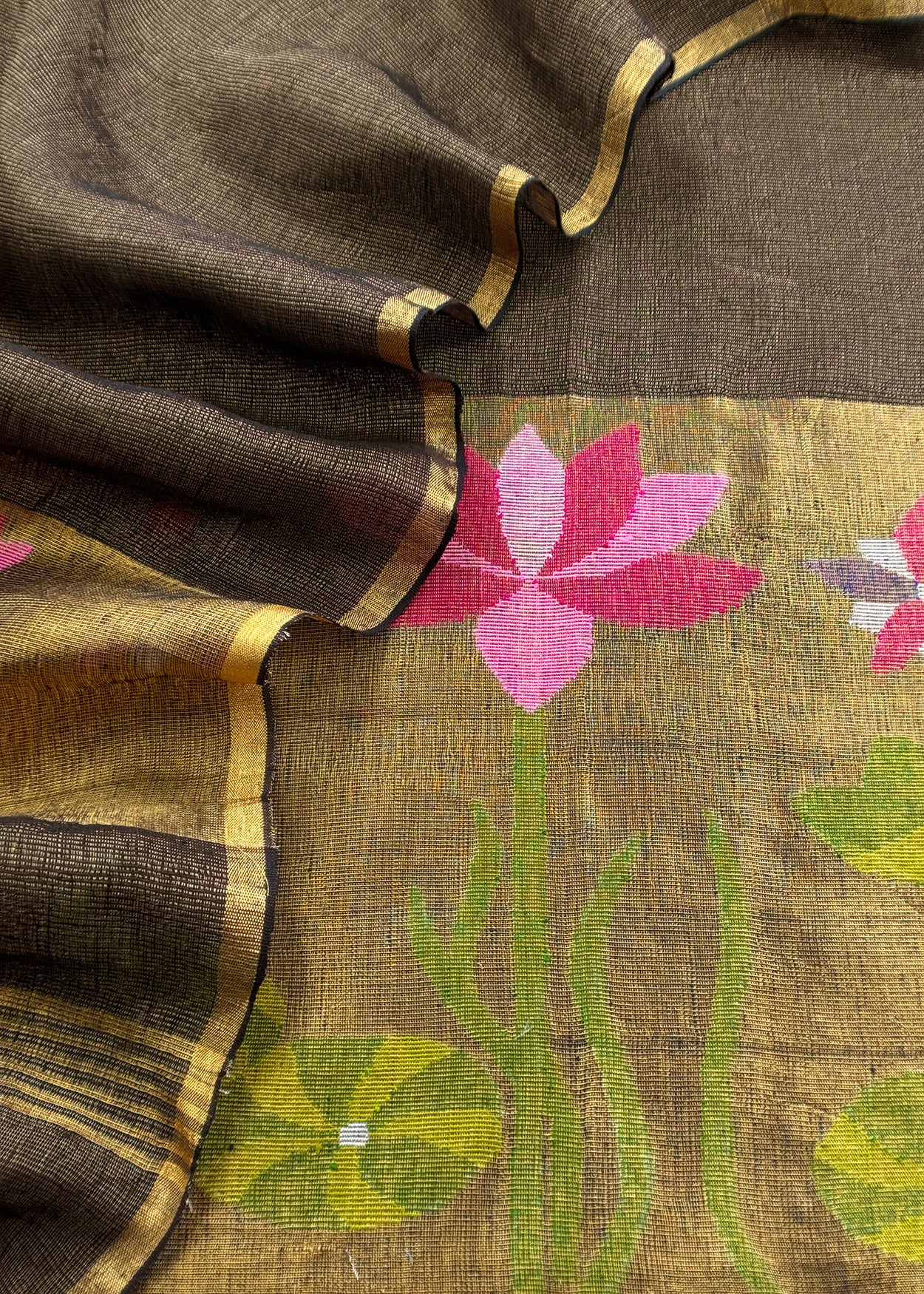 Army Green Pure Linen Suit Fabric With Gold Zari Lotus Needle Jamdani Weaving Handmade On Loom