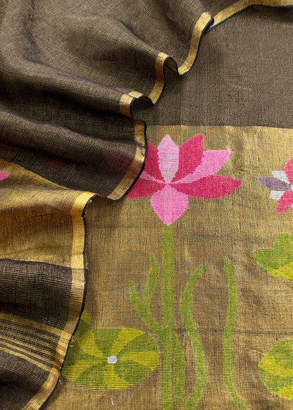 Army Green Pure Linen Suit Fabric With Gold Zari Lotus Needle Jamdani Weaving Handmade On Loom