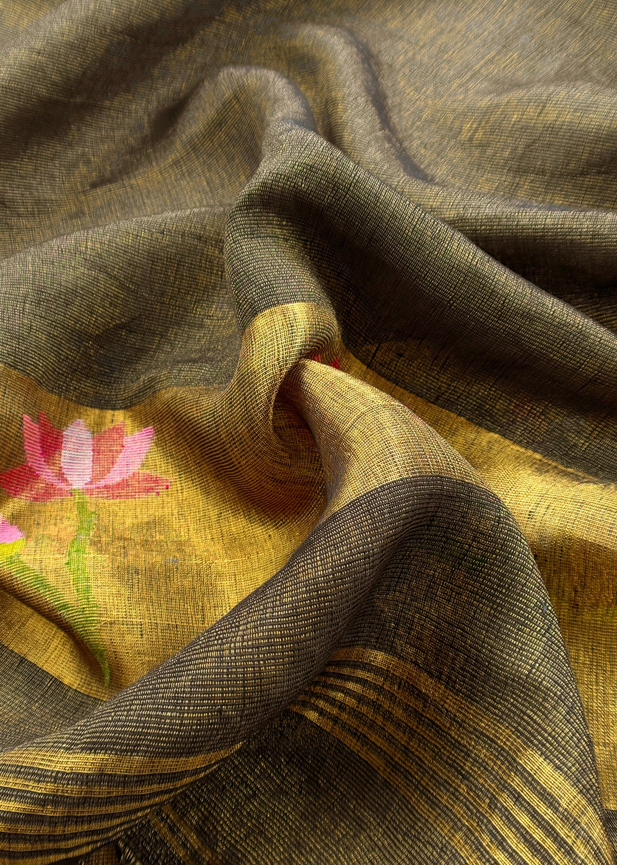 Army Green Pure Linen Suit Fabric With Gold Zari Lotus Needle Jamdani Weaving Handmade On Loom
